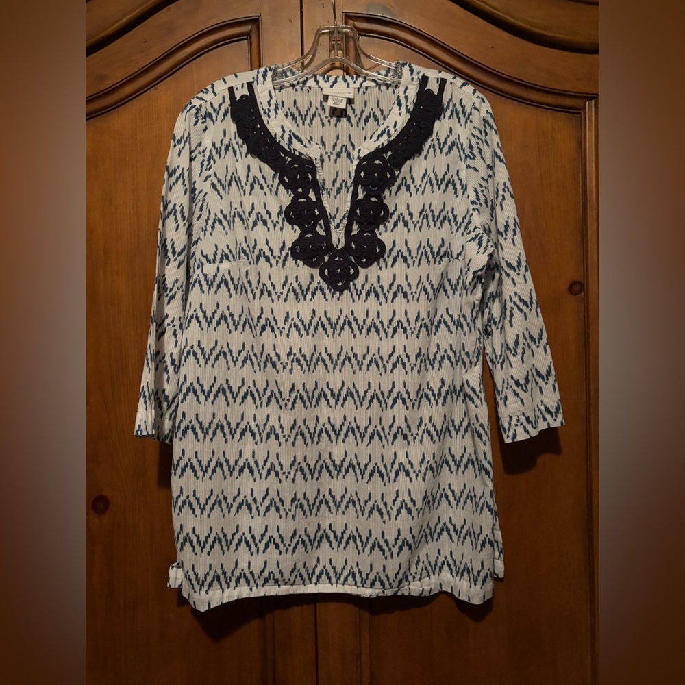 LIZ CLAIBORNE Boho Cotton Blouse 3/4 Sleeve Blue White Large